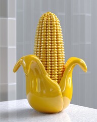 3D render of corn cob made of glossy translucent yellow resin, hyperreal detail, placed on matte ceramic surface, pop art minimal style