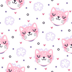 Pretty cat hand drawn, seamless vector design for print on textile, wrapping, backdrop and other uses.