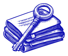 Vintage Engraving of a Key on Stack of Books for Classic Themes