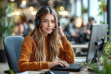 Woman Working As Customer Service Representative Wearing Headset at Desk
