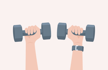 Two hands holding up gray dumbbells on a beige background. Flat vector illustration