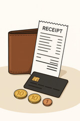 Payment transaction receipt wallet credit card coins. Shopping purchase bill invoice financial expense. Commerce retail money spending budget concept vector illustration