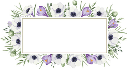 Fototapeta premium Anemones, white and purple crocuses, various wild flowers and herbs. Watercolor botanical rectangular frame, suitable for greeting cards, wedding invitations, branding, packaging and spring design