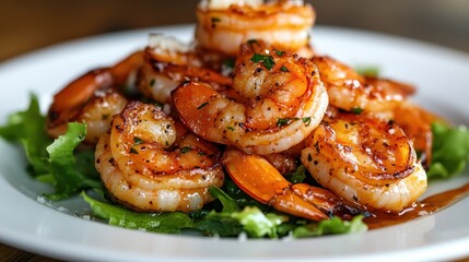 A mouth-watering seafood dish showcasing perfectly grilled shrimp garnished with fresh herbs, elegantly presented on a bed of crisp lettuce for a delightful dining experience.