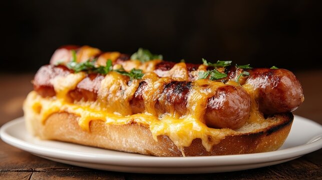 A mouthwatering hot dog topped with grilled sausage, melted cheese, and fresh herbs on a toasted bun, representing culinary satisfaction and indulgence.