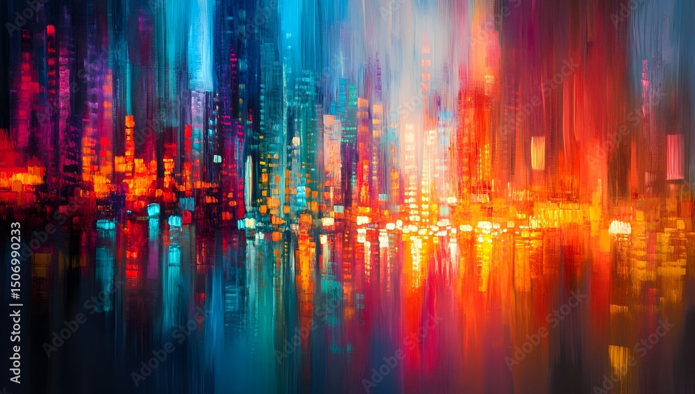 Poster blurred cityscape with motion blur and dynamic light streaks in the background. abstract background 