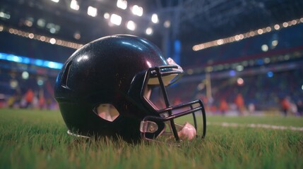 Fototapeta premium American football helmet lying on green field with cleat marks, ready for next play. Sports equipment, athletic competition, team spirit and determination in professional game.