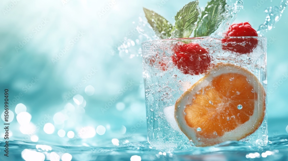 Poster a refreshing beverage features floating orange slices and raspberries creating splashes in crystal-c