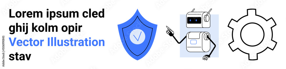 Poster shield with check mark, robot interacting with tech, and gear symbolizing protection, automation, an