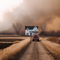 Obraz premium Forest fire approaching a rural house, thick smoke in the sky, fire truck on dirt road