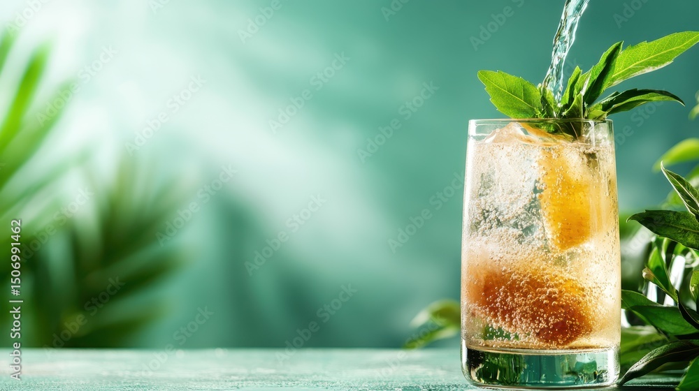 Poster a close-up of a refreshing drink with mint leaves and ice, capturing the essence of summertime relax