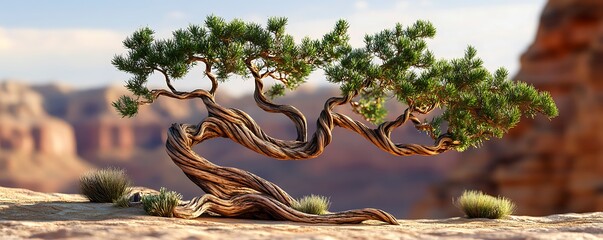 Juniper tree with unique twisted branches against a desert backdrop
