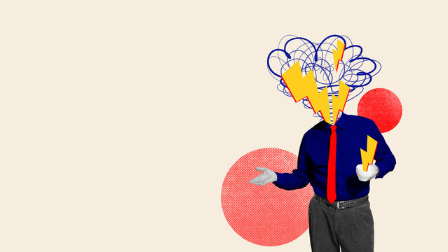 Brainstorm Brew. Ideas rise from caffeine storm clouds above head with lightning bolts against neutral background with copy space. Concept of business, brainstorm, creative chaos. Surreal art design