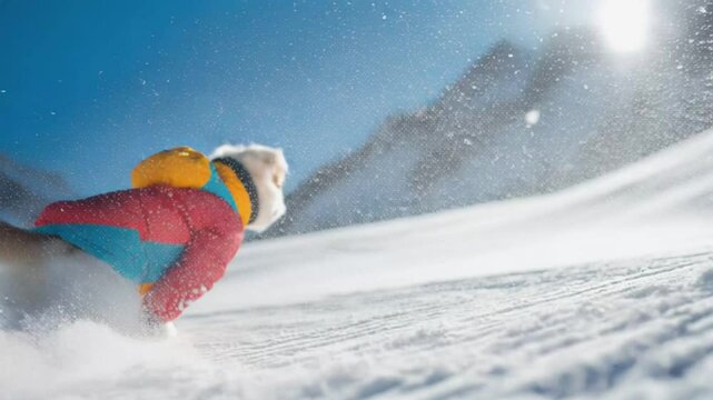 A snowboarding dog in glasses and ski suit makes sharp turns on a snowboard on a mountain slope under the bright sun.