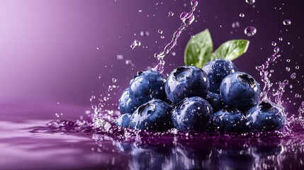 This stunning image captures fresh blueberries splashing into clear water, showcasing their vibrancy and freshness, ideal for promoting healthy eating and nature's beauty.