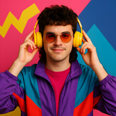 Trendy Young Man with Mullet and Headphones in Vibrant 90s Aesthetic