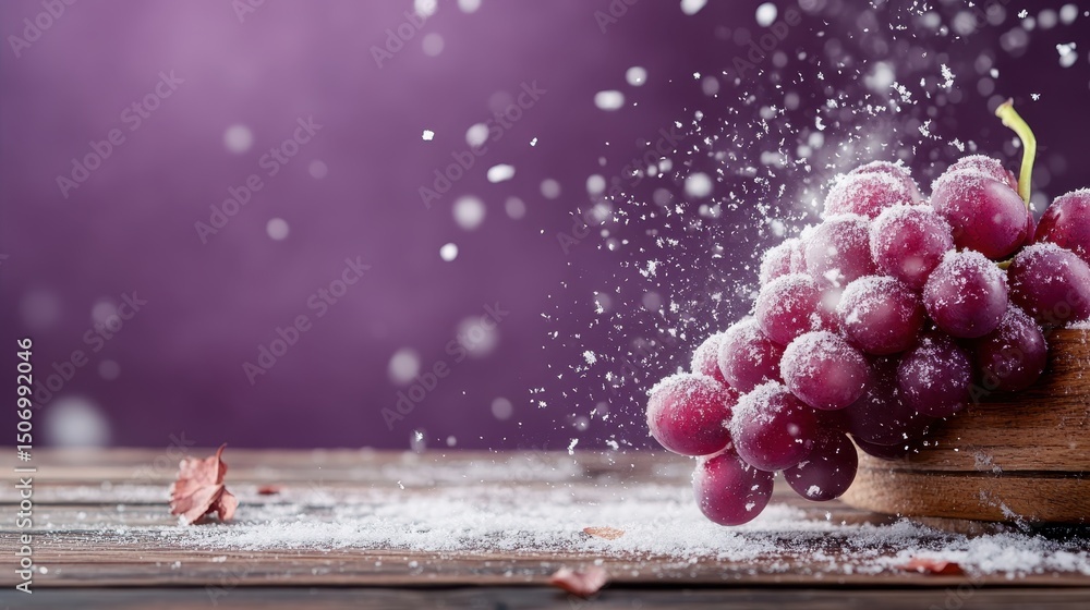 Poster this dynamic image depicts a bunch of grapes exploding in a shower of powdery sugar, symbolizing vib