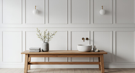 Neutral-toned wood bench against white paneled walls, accented by soft ambient light and a single ceramic vessel for balanced simplicity.