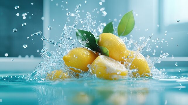 A vibrant collection of fresh lemons dramatically splashing into crystal clear water, representing freshness, vitality, and the invigorating essence of citrus fruits in a visually stunning way.