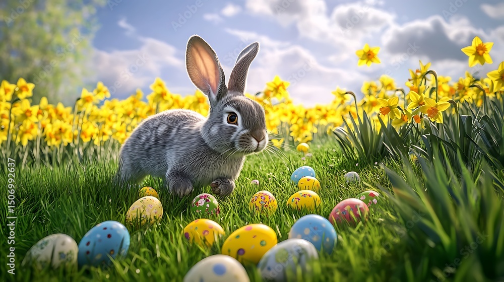 Fototapete a playful bunny hopping through a field of yellow daffodils with scattered easter eggs in the grass