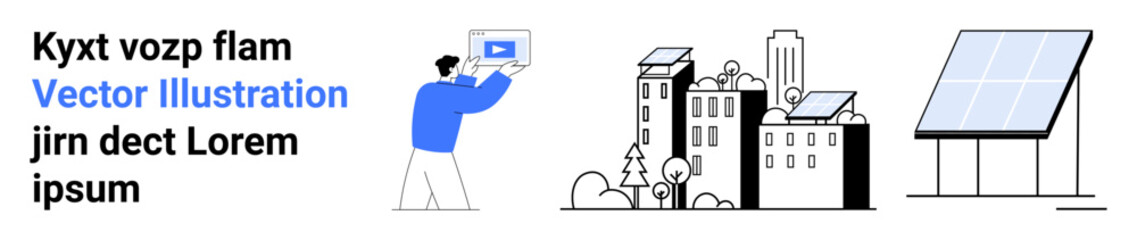 Person interacting with a device, urban buildings featuring solar panels, standalone solar panel. Ideal for sustainability, renewable energy, urban design, green technology, eco-friendly lifestyle