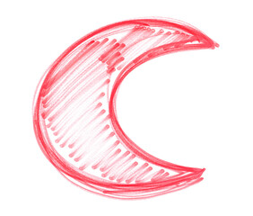 Symbol crescent, red marker isolated on white, texture
