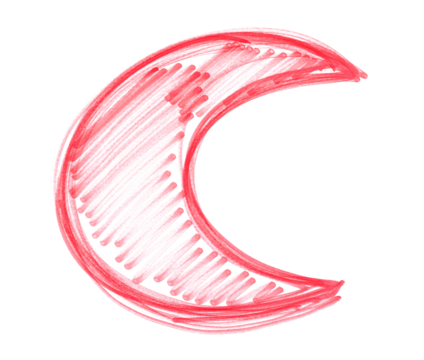 Symbol crescent, red marker isolated on white, texture