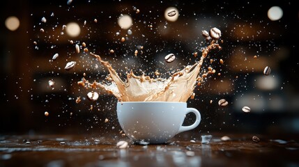 An explosive coffee splash emanates from a white cup surrounded by coffee beans, showcasing the vibrant motion and energy of brewing a perfect cup of coffee.