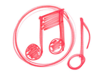 Grunge hand draw shape music notes, icons isolated on white, red marker	
