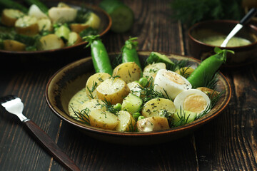 A bowl with farming summer salad in rustic style	