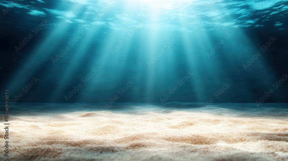 Aufkleber an enchanting underwater scene featuring soft sand illuminated by ethereal light rays, creating a se