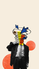 Inner Tab Manager. Browser tabs replace head showing coffee chat calendar in doodle swirl. Concept of work-life balance, planning, brain overload, productivity. Conceptual art collage