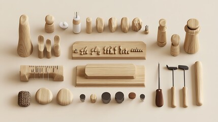 Light oak wooden stove accessories and tools, styled with a contemporary ivory background