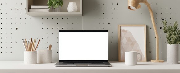 The laptop on a minimalistic desk surrounded by stylish home decor and greenery.