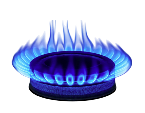Closeup of a gas burner with vibrant blue flames against a white background.