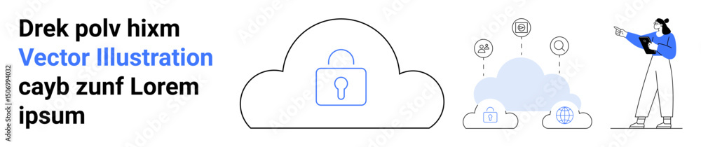 Poster cloud with lock for data security, interconnected icons for cloud storage and user insights. ideal f