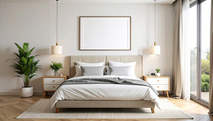 Elegant and serene bedroom interior with a minimalist design. A comfortable bed with pillows, a blank frame for wall decor mockup, and a large window creating a calming atmosphere