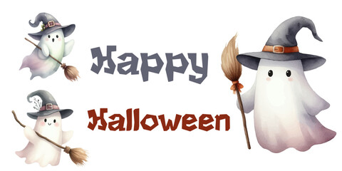 Cute Halloween invitation card design with friendly ghosts, playful 