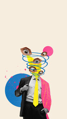 Thinking Spiral. Doodle spiral of thought, as eyes, leads over head of businessman against beige background. Concept of self-reflection, abstract brain, meditation, burnout. Conceptual art design