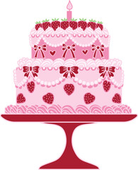 Line art drawing bow ribbons around pink two tier Birthday cake on stand with Strawberry topping, clipart coquette aesthetic for design element such as card, invitation or banner. Vector illustration.