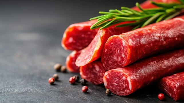An enticing arrangement of sliced salami sticks showcased with sprigs of fresh rosemary and scattered peppercorns, ideal for a flavorful charcuterie board.