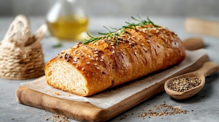 An appetizing image of freshly baked bread garnished with herbs on a wooden cutting board, showcasing the warmth and inviting nature of homemade cuisine.