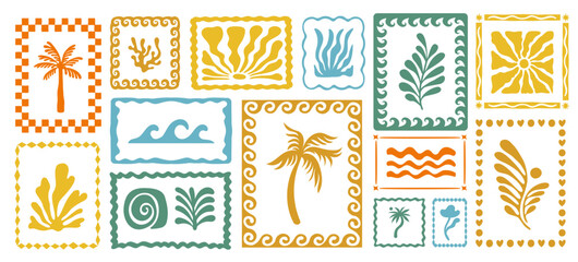 Vector hand drawn graphics, print design templates, summer and vacation theme, tropical illustrations, frames and borders in simple trendy naive cut out style with mosaic holiday floral illustrations