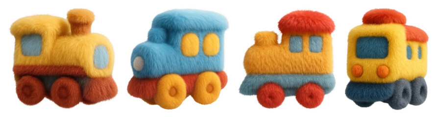 PNG Colorful plush toy trains, element set on transparent background