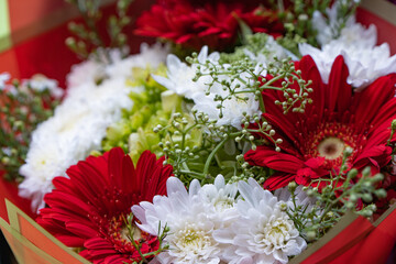 Vibrant Red and White Flower Bouquet, Fresh Floral Arrangement for Celebration