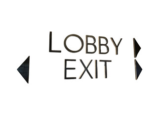 Minimalist wall signage showing direction to lobby exit, ideal for architectural, design, hotel, or navigation themes. Isolated on white background, transparent PNG