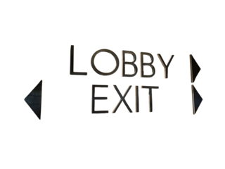 Minimalist wall signage showing direction to lobby exit, ideal for architectural, design, hotel, or navigation themes. Isolated on white background, transparent PNG
