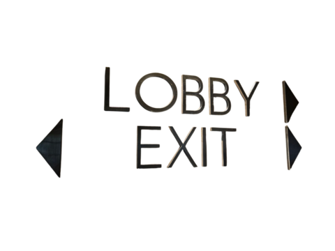 Minimalist wall signage showing direction to lobby exit, ideal for architectural, design, hotel, or navigation themes. Isolated on white background, transparent PNG - Powered by Adobe