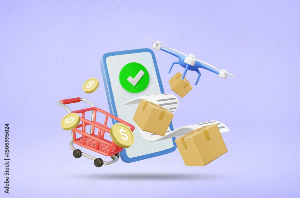 Poster 3d vector illustration render of mobile phone on screen with check mark and receipt, showing success