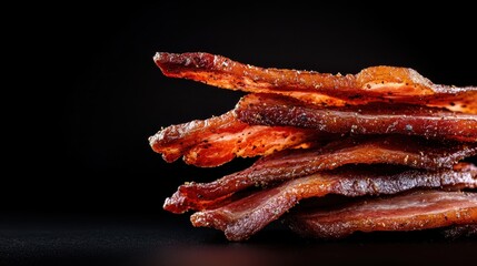 This image showcases a close-up view of crispy, golden-brown bacon strips stacked artistically against a dark background, highlighting the texture and color of the delicious meat.